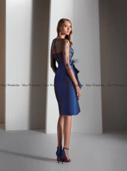 New Arrival Formal Short Blue Mother Of The Bridal Dress Lace Feather With 3/4 Sleeves Wedding Guest Gown Knee Length Boat Neck