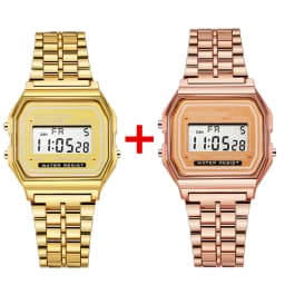 2Pcs Fashion Digital Men's Watches Gold Luxury Stainless Steel Link Bracelet Wrist Watch Band Business Electronic Male Clock