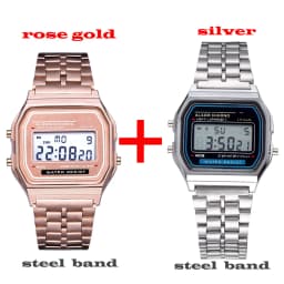 2Pcs Fashion Digital Men's Watches Gold Luxury Stainless Steel Link Bracelet Wrist Watch Band Business Electronic Male Clock