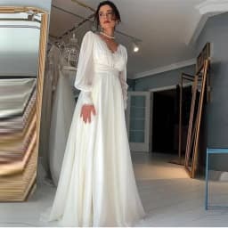 Vintage Lace Wedding Dress Long Puff Sleeves V Neck Chiffon A Line Bridal Gowns Backless Floor Length Elegant Boho Robe De Noiva