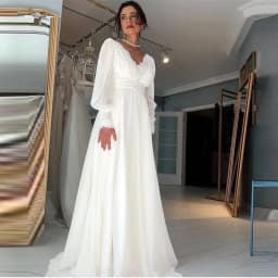Vintage Lace Wedding Dress Long Puff Sleeves V Neck Chiffon A Line Bridal Gowns Backless Floor Length Elegant Boho Robe De Noiva