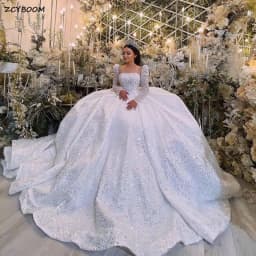 Customized Princess Sequined Beading Ball Gown Wedding Dresses 2026 Square Collar Illusion Dubai Bride Gowns Vestido De Noiva