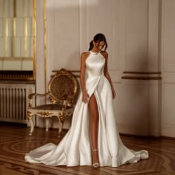 Satin Wedding Dress Halter Neck Pearl Collar Big Bow Open Back High Slit A-Line Bridal Gown Long Train Wedding Bridal Party 2026