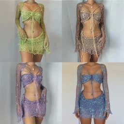 Crochet Knitted Dress Two Piece Skirt Sets Summer Women Clothes Sexy Crop Tops Elegant Knit Sequin Dress 2 Piece Set Outfit