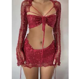 Crochet Knitted Dress Two Piece Skirt Sets Summer Women Clothes Sexy Crop Tops Elegant Knit Sequin Dress 2 Piece Set Outfit