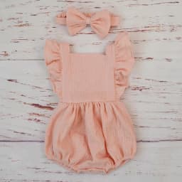Organic Cotton Baby Girl Clothes Summer New Double Gauze Kids Ruffle Romper Jumpsuit Headband Dusty Pink Playsuit For Newborn 3M