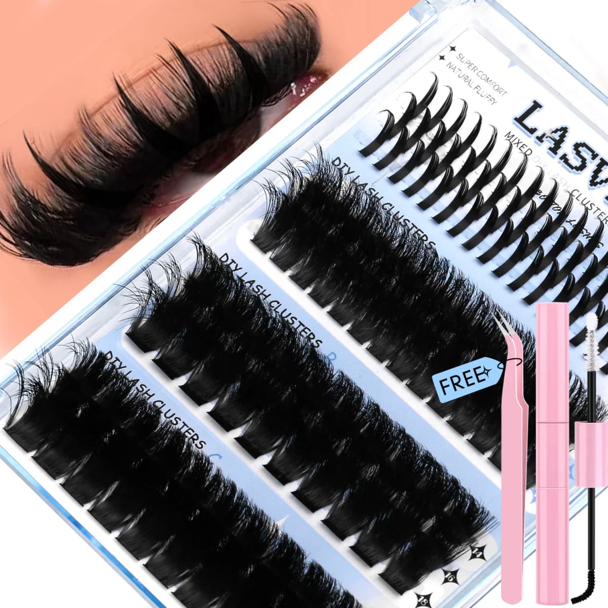 Lasvirey Cluster Lashes Kit DIY Fluffy Lash Clusters 4 IN 1 Mixed Full Set Individual Eyelashes Extension with Lash Bond & Seal
