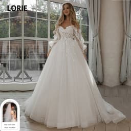 LORIE Glitter Wedding Dresses Puff Sleeve Appliques Lace 3D Flower off Shoulder Tulle Boho Bride Gown Customized vestidosdenovia