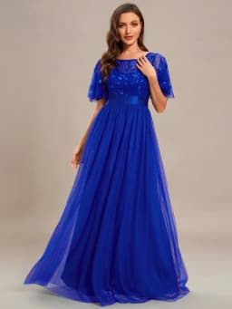 Elegant Evening Dresses Sequin Print Maxi Long with Cap Sleeve A-LINE Ever Pretty of Burgundy Gauze Prom Dresses Of Women