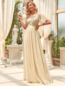 Elegant Evening Dresses Sequin Print Maxi Long with Cap Sleeve A-LINE Ever Pretty of Burgundy Gauze Prom Dresses Of Women