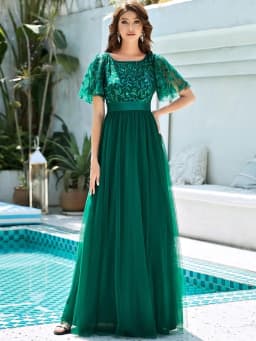Elegant Evening Dresses Sequin Print Maxi Long with Cap Sleeve A-LINE Ever Pretty of Burgundy Gauze Prom Dresses Of Women