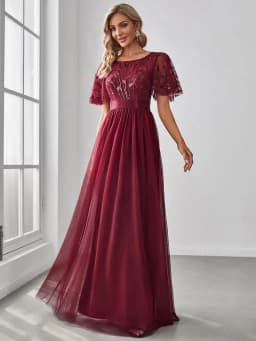 Elegant Evening Dresses Sequin Print Maxi Long with Cap Sleeve A-LINE Ever Pretty of Burgundy Gauze Prom Dresses Of Women