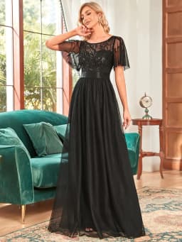 Elegant Evening Dresses Sequin Print Maxi Long with Cap Sleeve A-LINE Ever Pretty of Burgundy Gauze Prom Dresses Of Women
