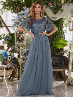 Elegant Evening Dresses Sequin Print Maxi Long with Cap Sleeve A-LINE Ever Pretty of Burgundy Gauze Prom Dresses Of Women