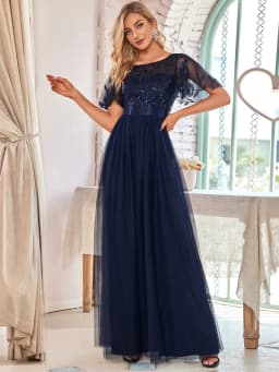 Elegant Evening Dresses Sequin Print Maxi Long with Cap Sleeve A-LINE Ever Pretty of Burgundy Gauze Prom Dresses Of Women