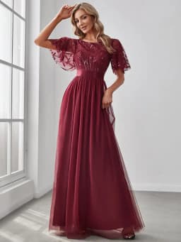 Elegant Evening Dresses Sequin Print Maxi Long with Cap Sleeve A-LINE Ever Pretty of Burgundy Gauze Prom Dresses Of Women