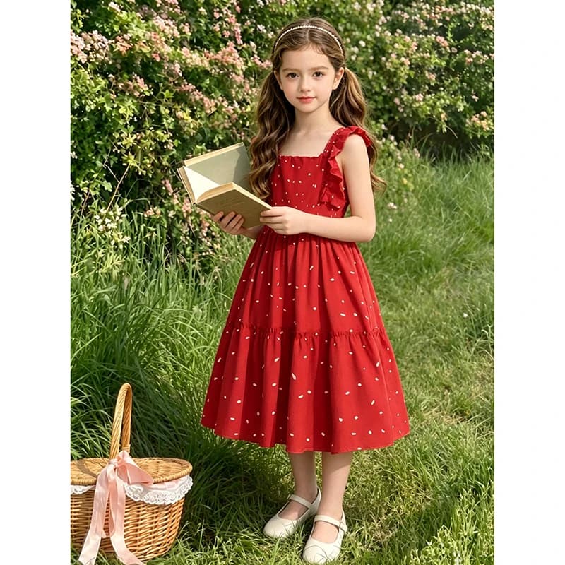 Summer Girl Clothes Sleeveless Dress Lace Cuff Suspender Dress Square Neck Polka Dot Princess Skirt Elegant Party Dress