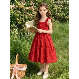 Summer Girl Clothes Sleeveless Dress Lace Cuff Suspender Dress Square Neck Polka Dot Princess Skirt Elegant Party Dress