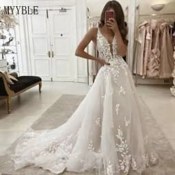 MYYBLE Customized Wedding Dresses Bohemia V-Neck Beach Bridal Gown Vintage A-Line Appliques Vestido De Novia for Women
