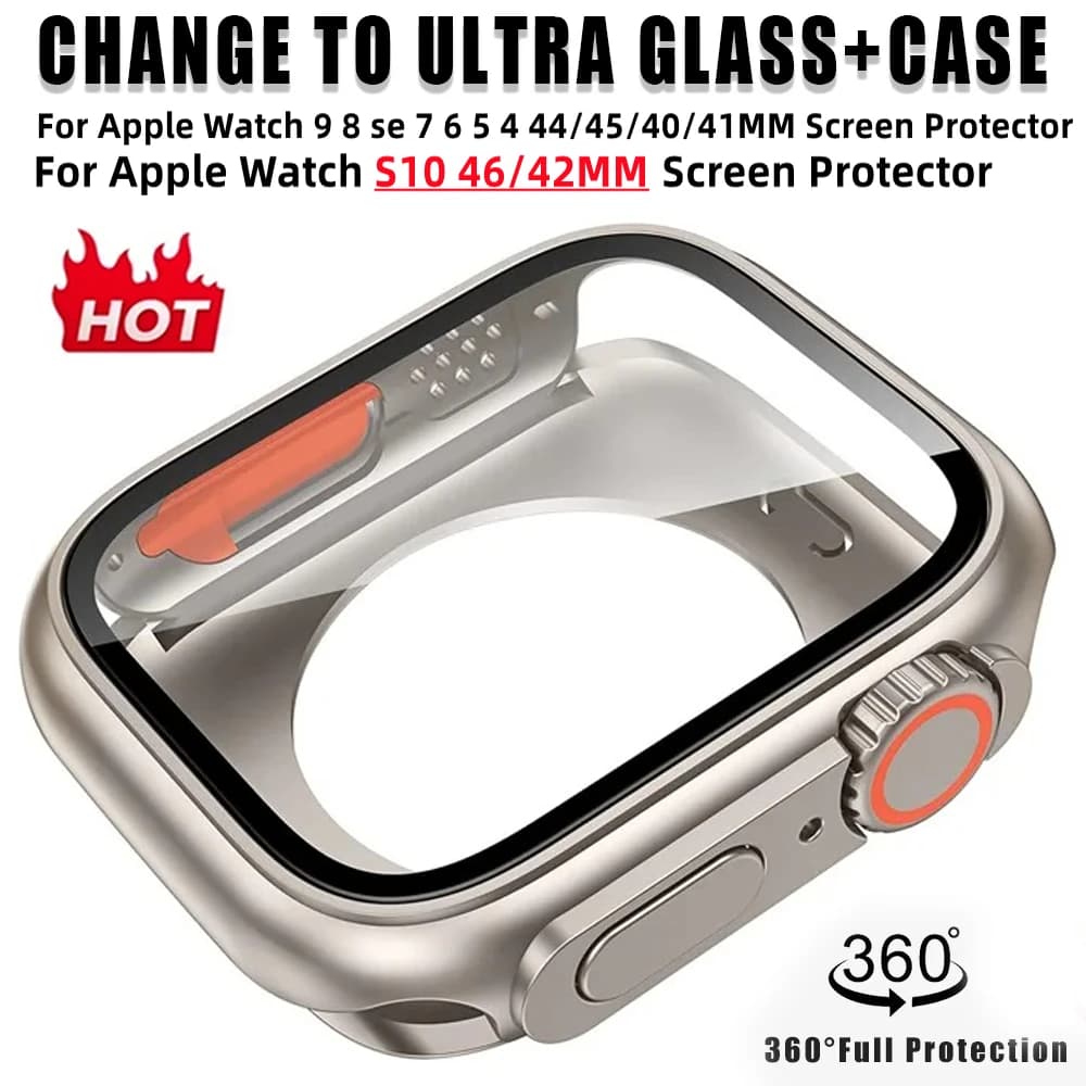 Screen Protector for Apple Watch 46mm 45mm 44mm 40 41 42mm Hard PC Front Rear Bumper Case iwatch 10 9 8 7 SE 6 5 Change To Ultra