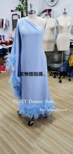 OLOEY Luxury Feathers Straight Lavender Crepe Evening Dresses Dubai Arabic Women Party Formal Gowns Lilac Elegant Prom Dress