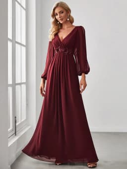 Elegant Evening Dresses Long Lantern Sleeves V-neck Ever Pretty of A-LINE Chiffon Burgundy Flower Beltbelt Prom Dress Women