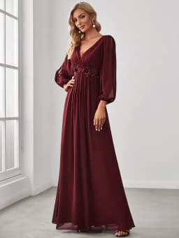 Elegant Evening Dresses Long Lantern Sleeves V-neck Ever Pretty of A-LINE Chiffon Burgundy Flower Beltbelt Prom Dress Women