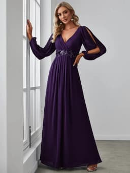 Elegant Evening Dresses Long Lantern Sleeves V-neck Ever Pretty of A-LINE Chiffon Burgundy Flower Beltbelt Prom Dress Women