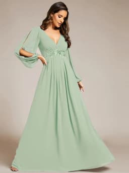 Elegant Evening Dresses Long Lantern Sleeves V-neck Ever Pretty of A-LINE Chiffon Burgundy Flower Beltbelt Prom Dress Women