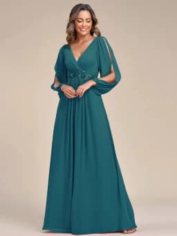 Elegant Evening Dresses Long Lantern Sleeves V-neck Ever Pretty of A-LINE Chiffon Burgundy Flower Beltbelt Prom Dress Women