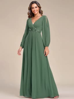 Elegant Evening Dresses Long Lantern Sleeves V-neck Ever Pretty of A-LINE Chiffon Burgundy Flower Beltbelt Prom Dress Women