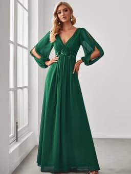 Elegant Evening Dresses Long Lantern Sleeves V-neck Ever Pretty of A-LINE Chiffon Burgundy Flower Beltbelt Prom Dress Women