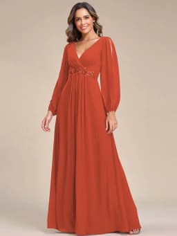 Elegant Evening Dresses Long Lantern Sleeves V-neck Ever Pretty of A-LINE Chiffon Burgundy Flower Beltbelt Prom Dress Women