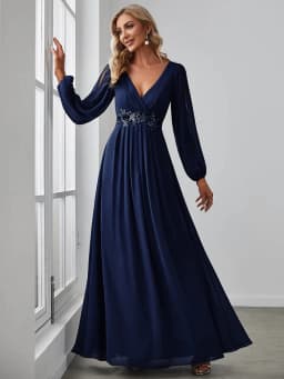 Elegant Evening Dresses Long Lantern Sleeves V-neck Ever Pretty of A-LINE Chiffon Burgundy Flower Beltbelt Prom Dress Women