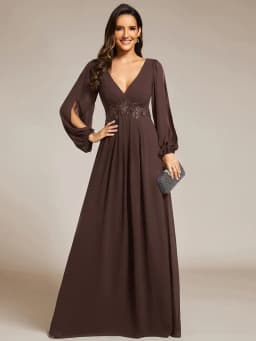Elegant Evening Dresses Long Lantern Sleeves V-neck Ever Pretty of A-LINE Chiffon Burgundy Flower Beltbelt Prom Dress Women