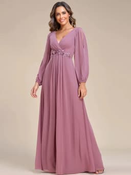 Elegant Evening Dresses Long Lantern Sleeves V-neck Ever Pretty of A-LINE Chiffon Burgundy Flower Beltbelt Prom Dress Women