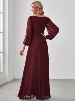 Elegant Evening Dresses Long Lantern Sleeves V-neck Ever Pretty of A-LINE Chiffon Burgundy Flower Beltbelt Prom Dress Women
