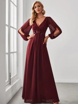 Elegant Evening Dresses Long Lantern Sleeves V-neck Ever Pretty of A-LINE Chiffon Burgundy Flower Beltbelt Prom Dress Women