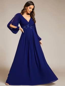 Elegant Evening Dresses Long Lantern Sleeves V-neck Ever Pretty of A-LINE Chiffon Burgundy Flower Beltbelt Prom Dress Women
