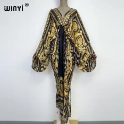 Sexy Beach Kaftan Caftan Feel Silk Rayon Fashion Print 2021 WINYI Maxi Women's Robes Long Sukienka V-Neck Bohemian Dress