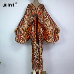 Sexy Beach Kaftan Caftan Feel Silk Rayon Fashion Print 2021 WINYI Maxi Women's Robes Long Sukienka V-Neck Bohemian Dress