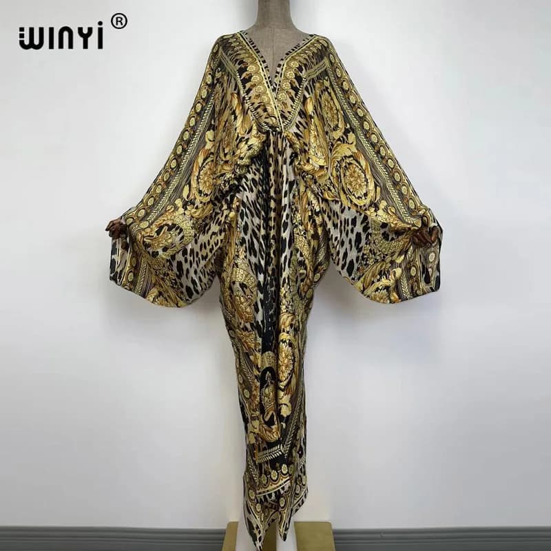 Sexy Beach Kaftan Caftan Feel Silk Rayon Fashion Print 2021 WINYI Maxi Women's Robes Long Sukienka V-Neck Bohemian Dress