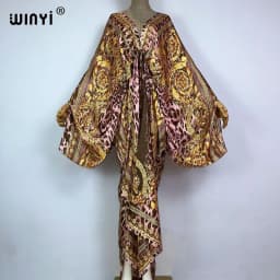 Sexy Beach Kaftan Caftan Feel Silk Rayon Fashion Print 2021 WINYI Maxi Women's Robes Long Sukienka V-Neck Bohemian Dress