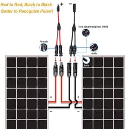 Power Solar Connectors 30A Y-Branch Cable, Solar Cable Parallel Adaptor in Pair for Solar Panel 1*M/FF+1*F/MM Black Red Power
