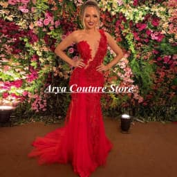 Sexy Red Lace Prom Dress One Shoulder Appliques Mermaid Party Gown For Women Formal Evening Dress Customized Robes De Soirée