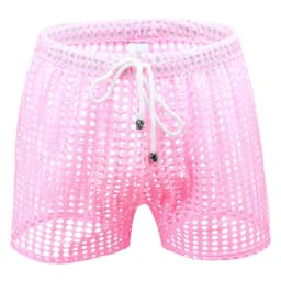 Sexy Mens Causal Shorts Big Mesh Breathable Gym Shorts Fishnet Boxers Transparent Loose Sleep Bottoms Men Hollow Out Swim Trunks