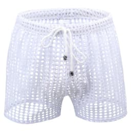 Sexy Mens Causal Shorts Big Mesh Breathable Gym Shorts Fishnet Boxers Transparent Loose Sleep Bottoms Men Hollow Out Swim Trunks