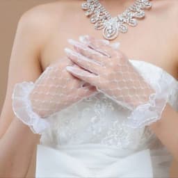 1 Pair White Bridal Wedding Short Gloves Full Fingered Transparent Rhombic Gauze Ruffle Lace Trim Wrist Length Mittens Party
