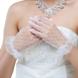 1 Pair White Bridal Wedding Short Gloves Full Fingered Transparent Rhombic Gauze Ruffle Lace Trim Wrist Length Mittens Party