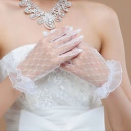 1 Pair White Bridal Wedding Short Gloves Full Fingered Transparent Rhombic Gauze Ruffle Lace Trim Wrist Length Mittens Party